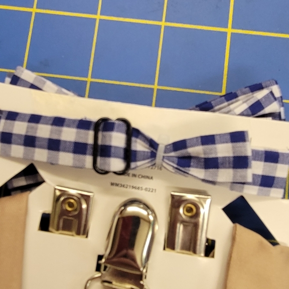 2 Piece Set of a Boys Suspender Tan & a Bowtie in Blue/White - Picture 4 of 6